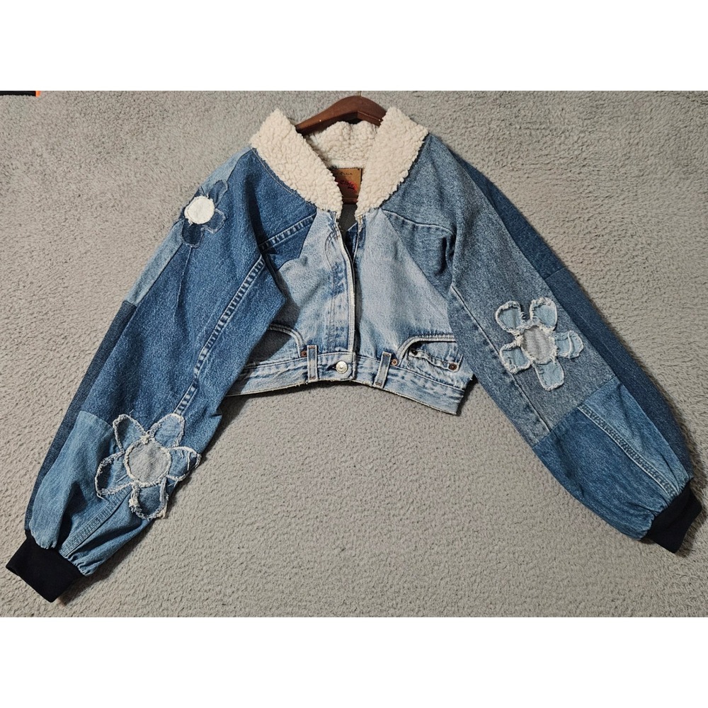 Vintage Spike & Elvis Womens Upcycled Reworked Jeans Jacket Denim Blue Shearling